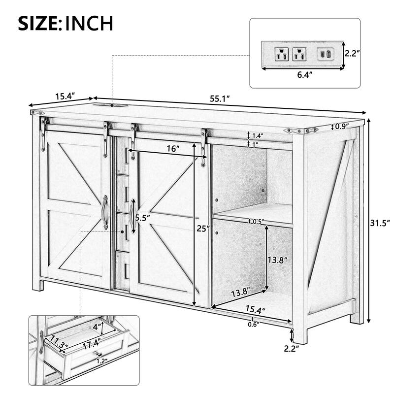 55.1-Inch Farmhouse Sideboard Buffet with Sliding Barn Doors, 4 Drawers & Power Outlet, Wood Storage Cabinet