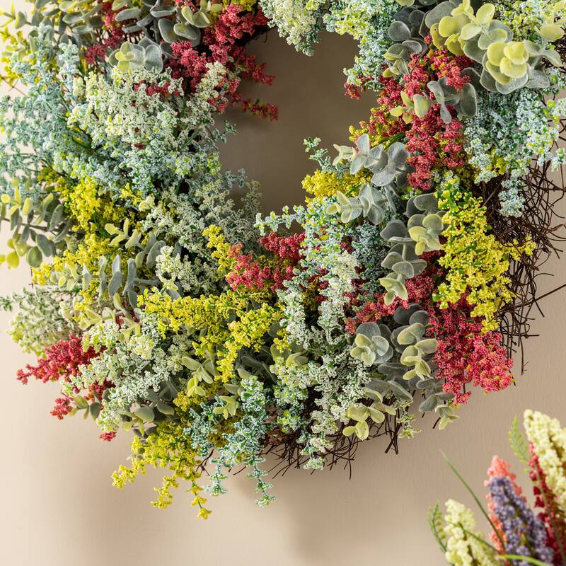 Glitzhome 24"D Mixed Floral Eucalyptus Wreath Includes a Complimentary Black Metal Wreath Hanger