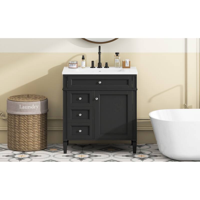 GDFStudio - Halmore Modern Freestanding Bathroom Vanity with Resin Sink, 2 Storage Drawers and a Tip-Out Drawer - 30'W