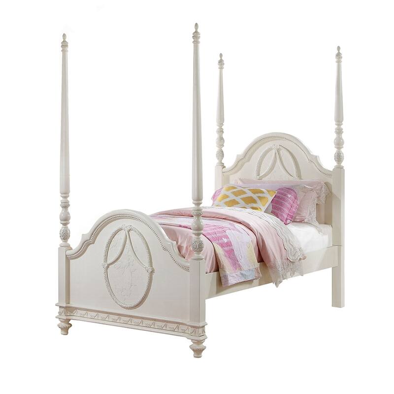 Wooden Post Bed with Arched Headboard and Footboard in Ivory Finish - Twin