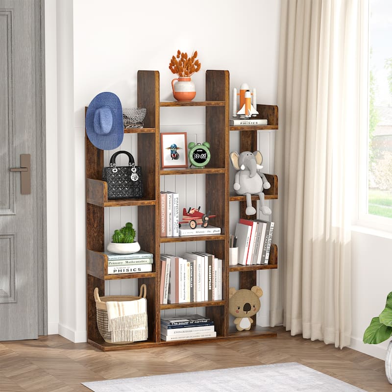 Industrial Wood Bookshelves with 13 compartments,Tree-Shaped Bookcase,Books Organizer Display Shelves - Rustic Brown