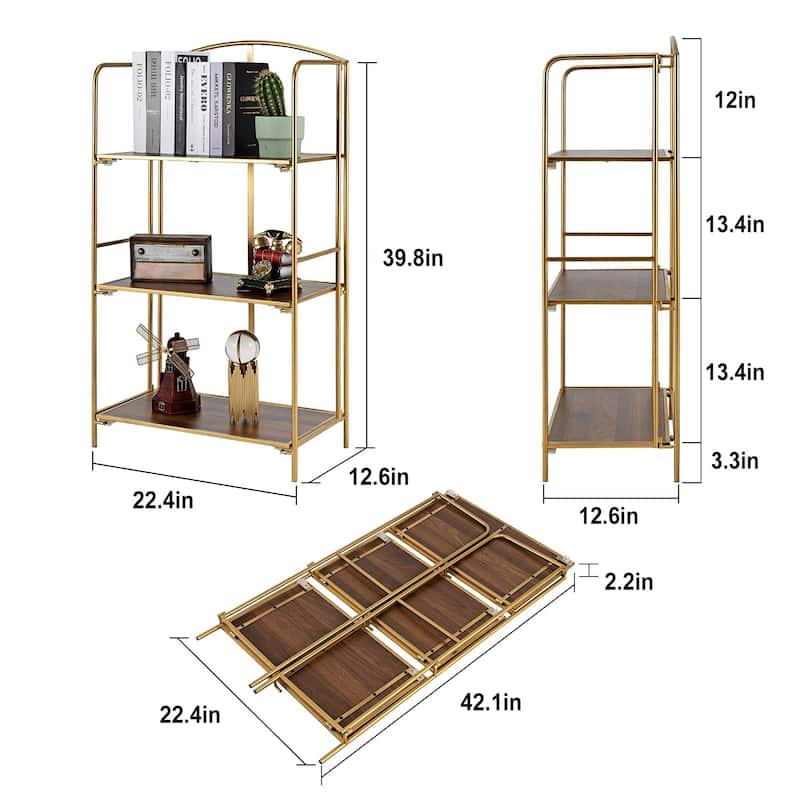 No Assembly Folding Bookshelf, 3 Tier Gold Bookshelf, Metal Book Shelf