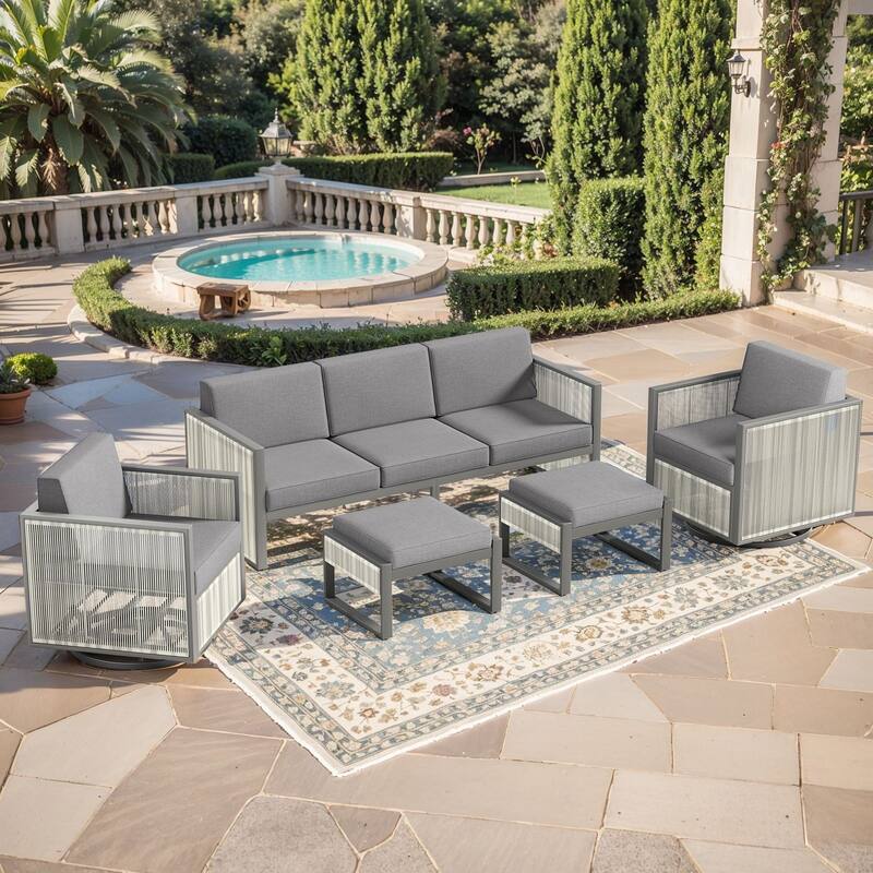 Pocassy 5-Piece Outdoor Sofa Swivel Chair with Ottoman - Light Grey Cushion - 5PCS Sofa Swivel Chairs with Ottoman