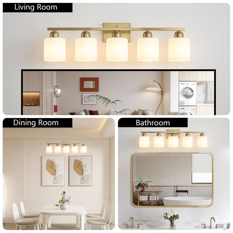 Bathroom Light Fixtures, 5-Light Modern Vanity Light Over Mirror, Wall Sconces with Frosted Glass Shades
