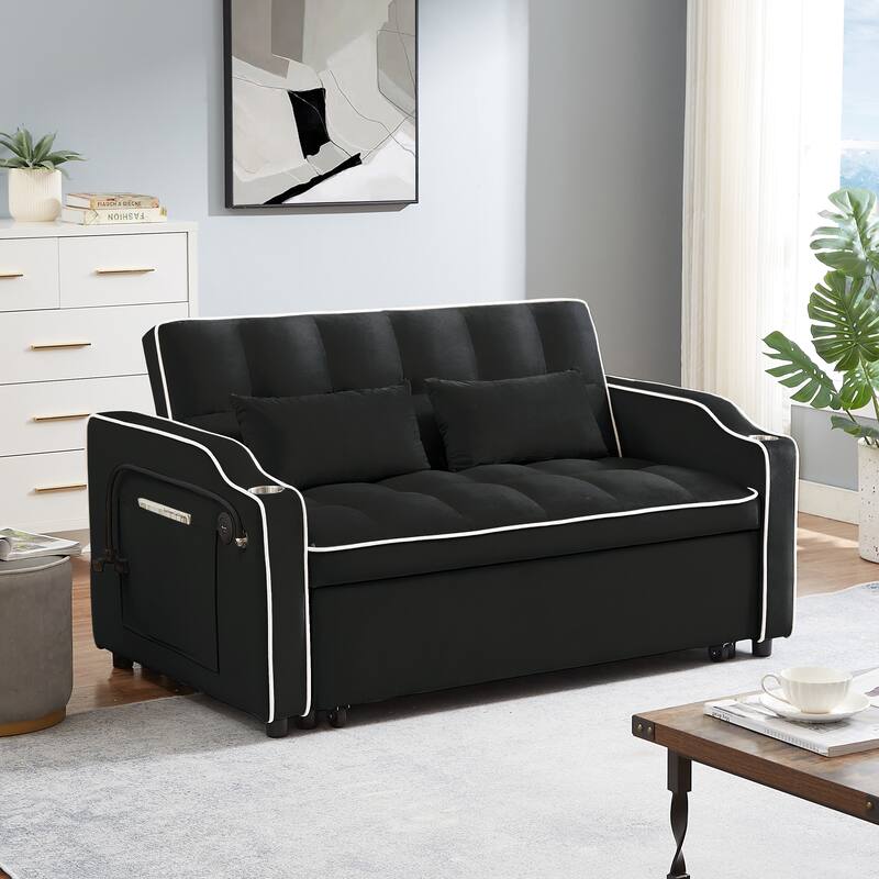Modern Sofa Velvet Pull-out Bed, Adjustable Back and with USB port - Black