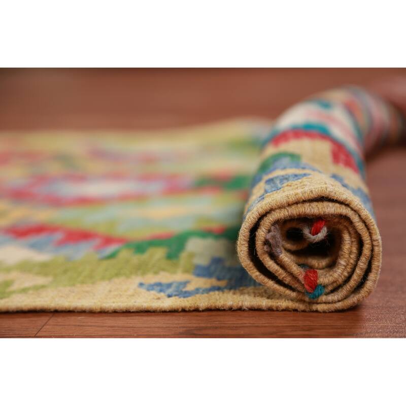 Hand Woven Oriental 100% Wool Carpet Southwestern Geometric Multi-Colored Kilim Runner Rug - 12' 11'' X 2' 9''