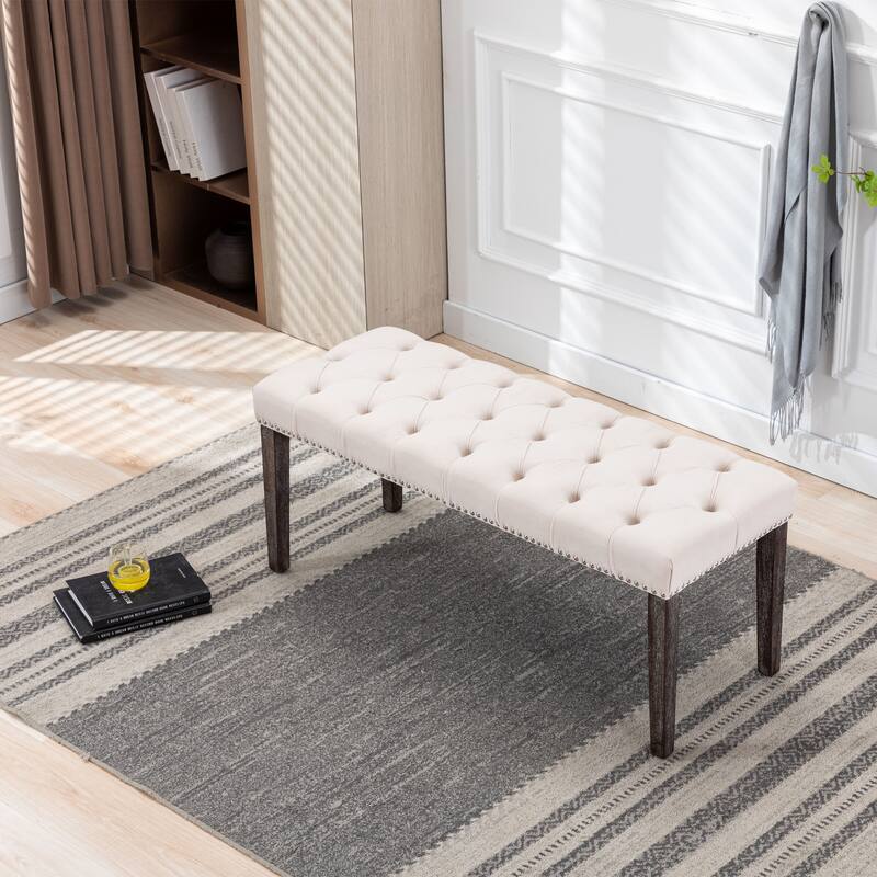 Piano Bench Beige Ottoman Leisure Bench with Wood Legs, Simple Window Bench Accent Bench Corridor Bench