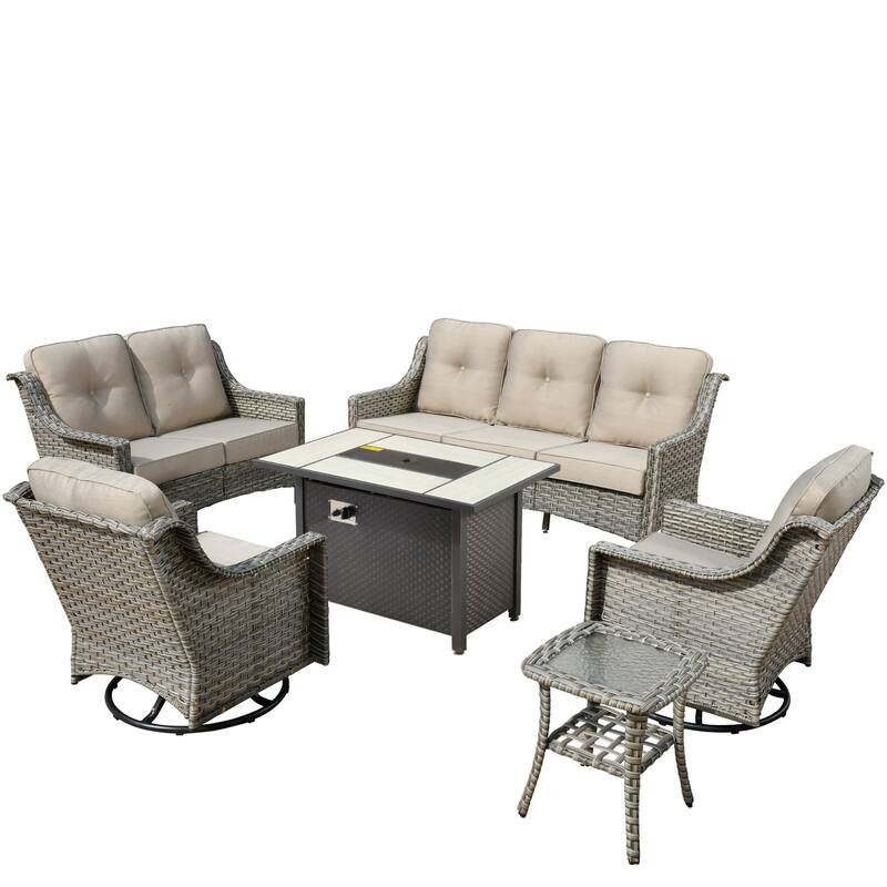 OVIOS 6 Pieces Outdoor Wicker Curved Swivel Chair Set With Fire Table