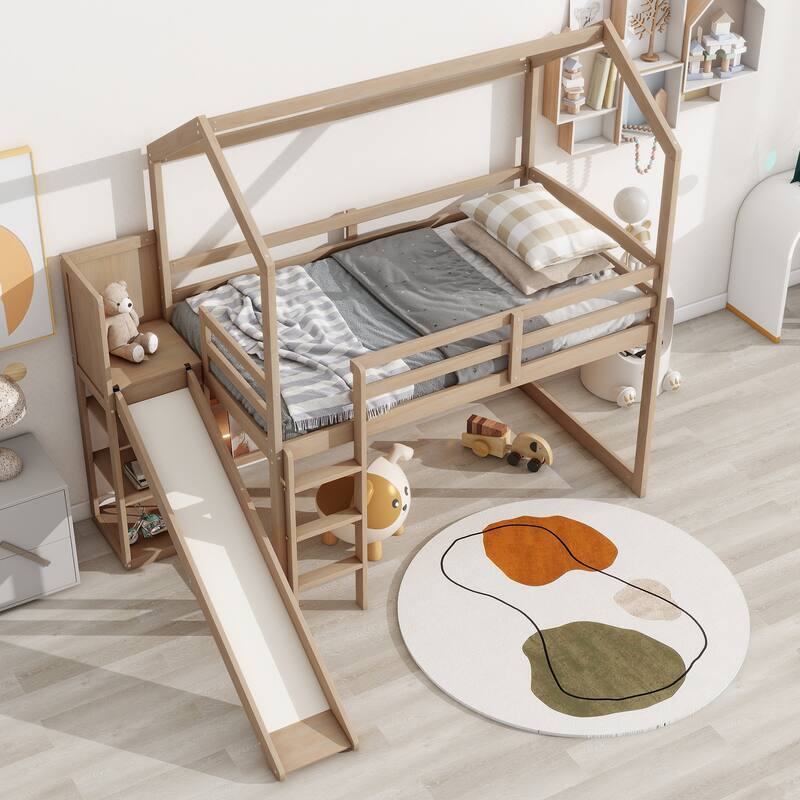 Twin Size Wood Loft Bed with Slide, Storage Shelves, and Climbing Ramp
