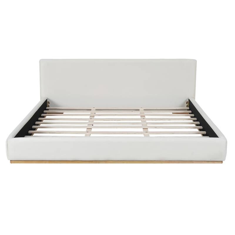 Grounded Bed Frame with Headboard, Velvet Platform Floor Bed with Solid Wood Frame, Elegant Home Low Profile Bedframe
