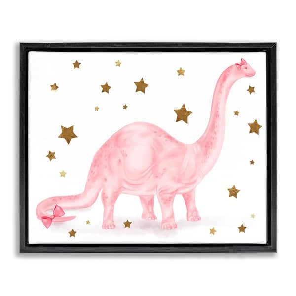 Stupell Industries Pink Dinosaur & Gold Stars Framed Wall Art - 16x20 Inch, Grey Frame, Kids Room Decor, Made In USA