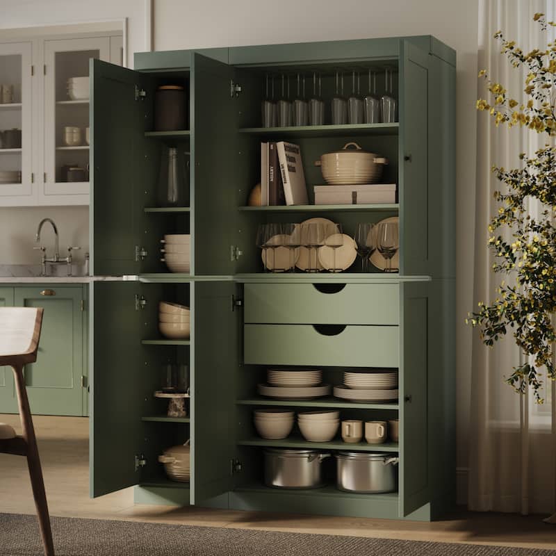 Palace Imports 100% Solid Wood 48.5" Pantry Cabinet with Shaker Doors, 2-Drawers and Adjustable Shelves - Sage