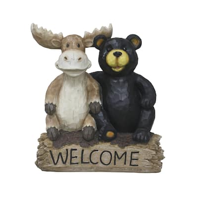 Bear and Moose on Tree Trunk Outdoor Welcome Garden Sign - 13.5"