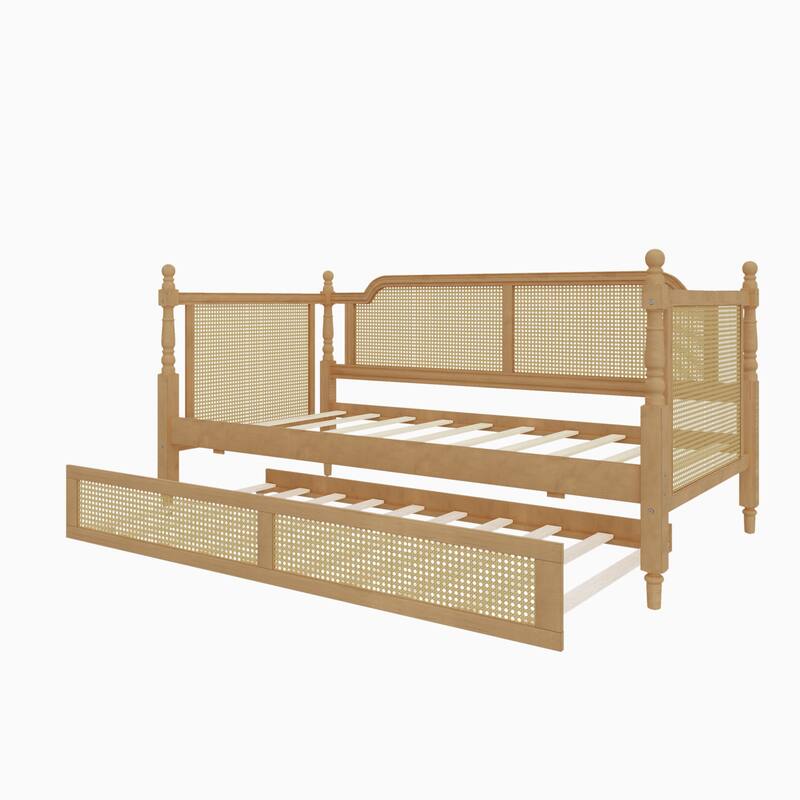 Traditional Rattan Daybed Frame/Wood Sofa Bed Frame w/Trundle for Bedroom Small Space Guestroom Living Room/No Box Spring Needed