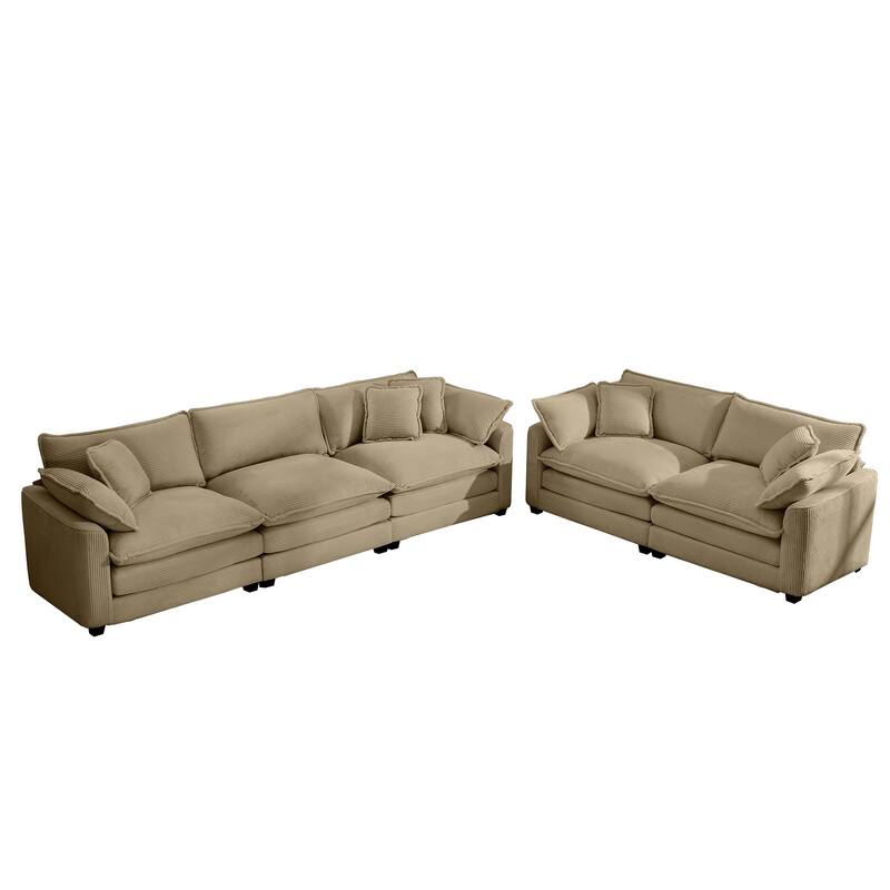 Corduroy Fabric Deep Seat Sofas Set with Throw Pillows, 3+2 Seater Flexible Combinations Sofa with Removable Armrests