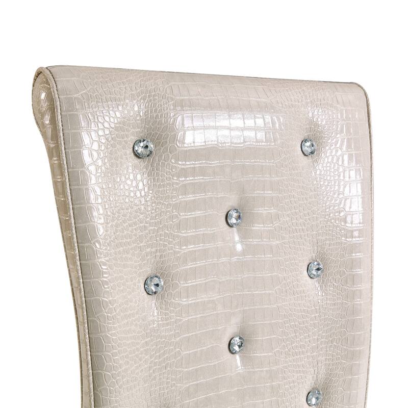 A set of 2 vintage crocodile leather cushioned dining chairs, featuring crystal clasp design and artificial leather design