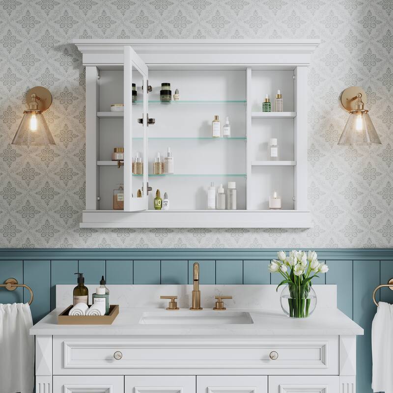 42"W X32''H Recessed Wall-Mounted Solid Wood Framed Medicine Cabinet With Adjustable Glass Shelves
