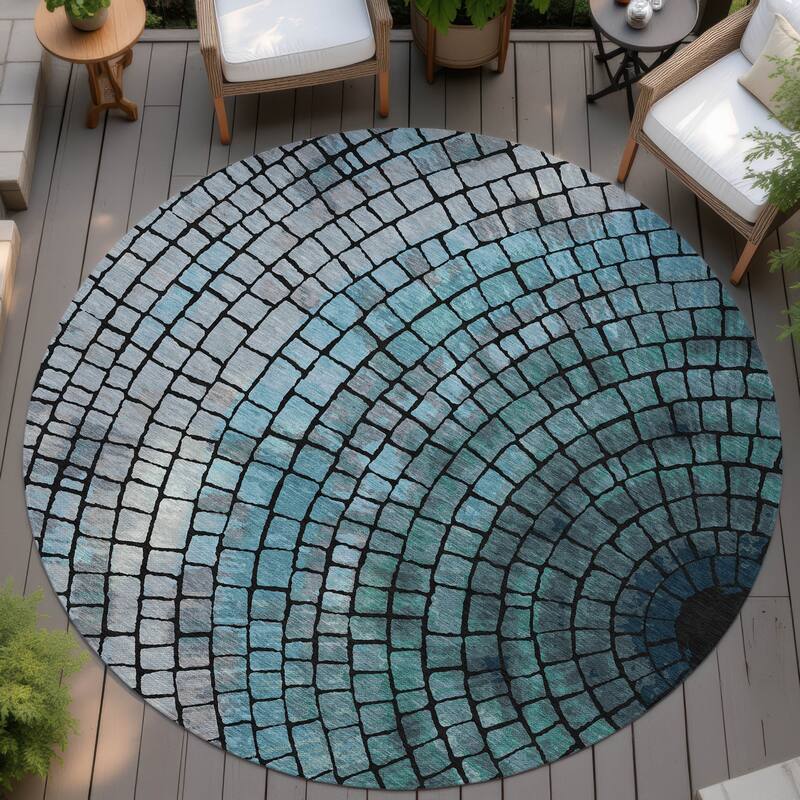 Machine Washable Indoor/ Outdoor Mosaic Rome Chantille Rug - Teal - 8' x 8'
