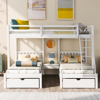 Modern Wood Triple Bunk Bed with Drawers and Guardrails
