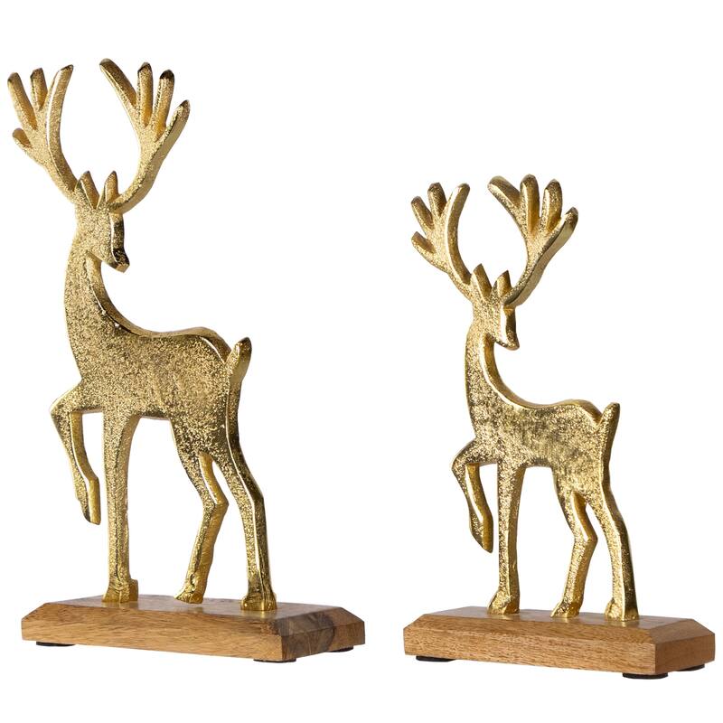Reindeer and Fawn Textured Metal Christmas Figures - 10.5" - Gold - Set of 2