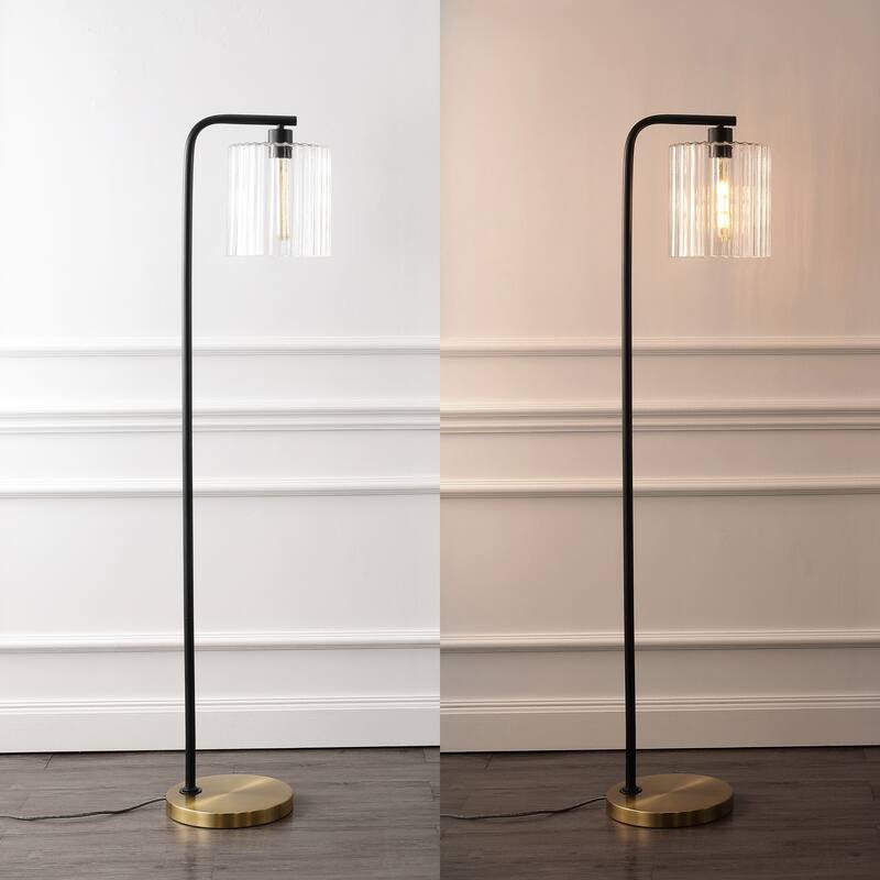 Blaire 60.75" Modern Minimalist Metal/Ribbed Glass LED Floor Lamp, Brass Gold/Black , by JONATHAN Y