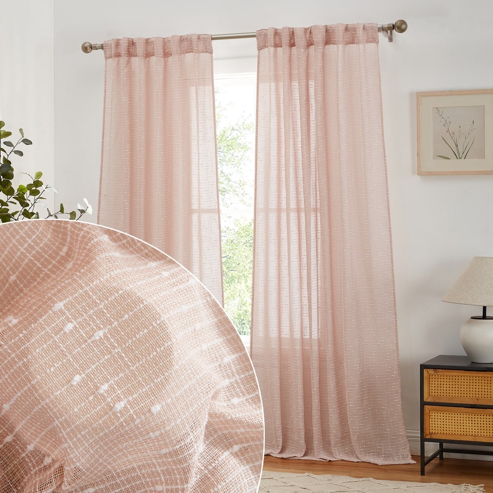 HLC.ME Emily Faux Linen Semi Sheer Transparent Rod Pocket Back Tab Lightweight Window Curtains Wide Panels, Pair