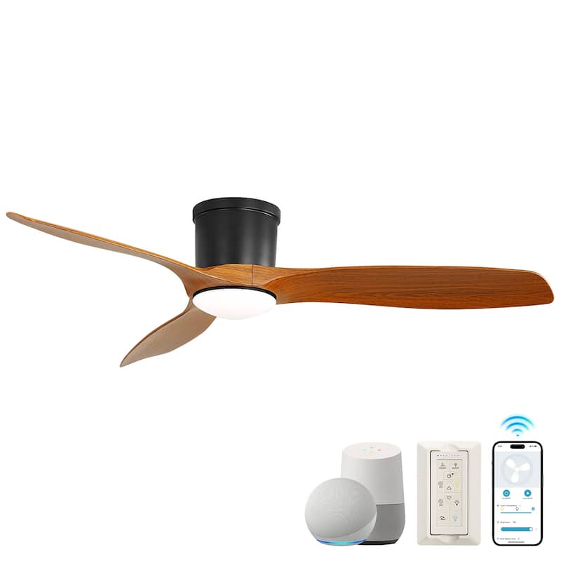 Sofucor 52 Inch Low Profile Flush Moun Ceiling Fans with Lights,3 ABS Blades,Dimmable 6-Speed 3-Timer Reversible DC Motor - Black with Dark wood grain Blades - Smart(Remote+APP+Voice Control)