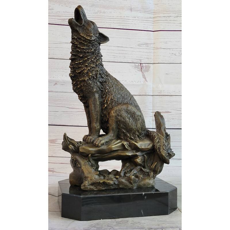 Lost Wax Bronze Casting Of Howling Wolf On Marble Base By Milo