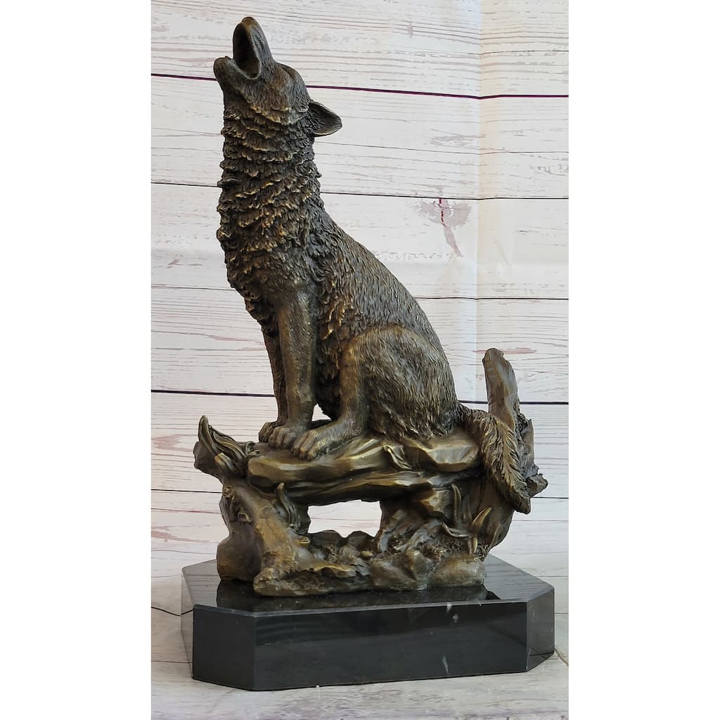 Lost Wax Bronze Casting Of Howling Wolf On Marble Base By Milo