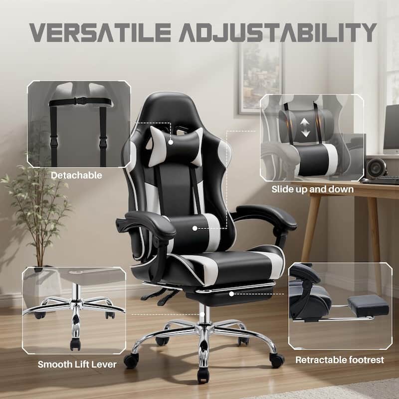 Ergonomic Faux Leather High Back Gaming Chair with Footrest & Linkage Armrests – Black & Gray for Adults