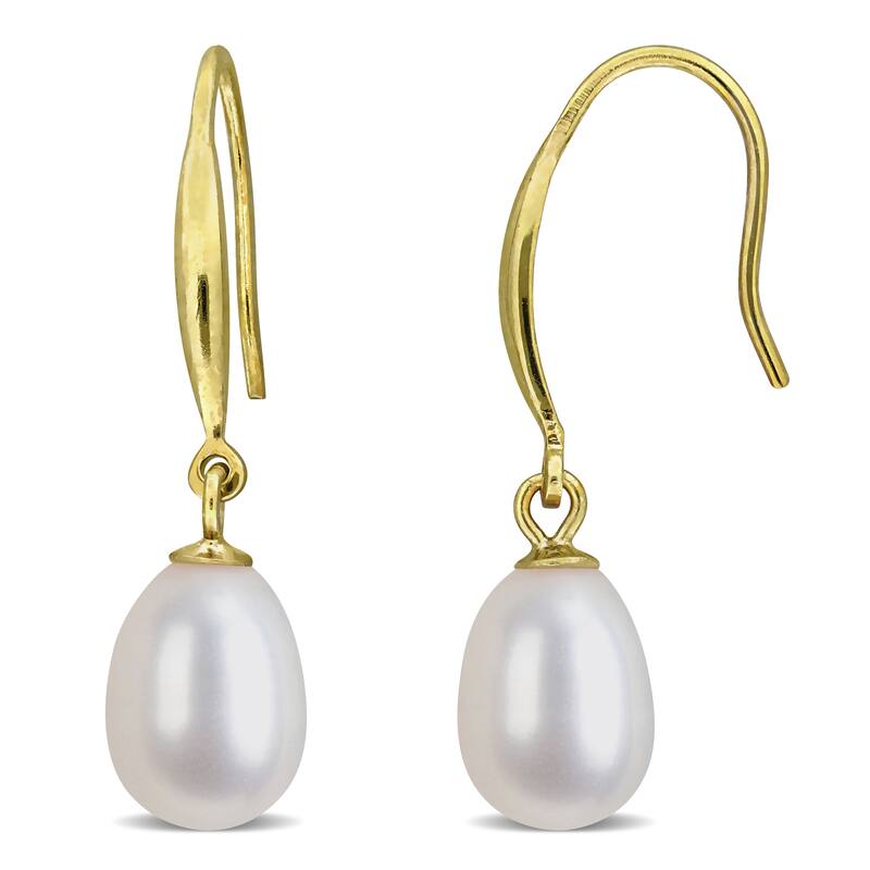 Miadora 7-8mm Cultured Freshwater Pearl Slim Shepherd Hook Earrings Yellow Plated Sterling Silver