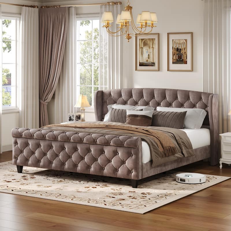Christopher Knight Home - Amara Traditional Velvet Upholstered Sleigh Bed with Wingback Headboard & Scroll Footboard, Queen Size - Brown