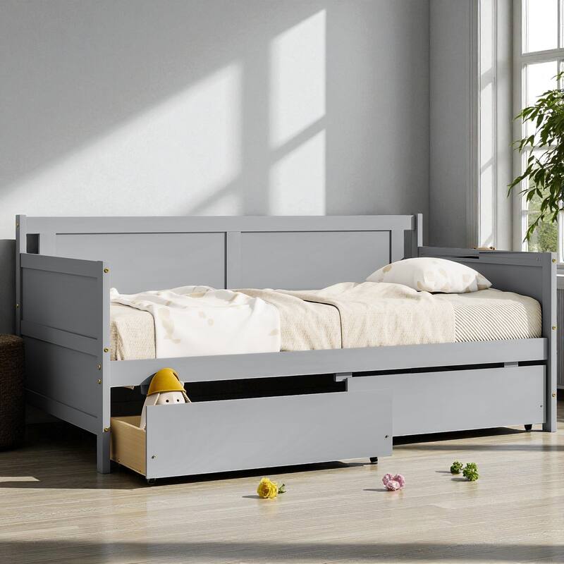 Twin Size Solid Pine Wood Daybed with Two Storage Drawers, Modern Sofa Bed Frame with Pull-Out Storage