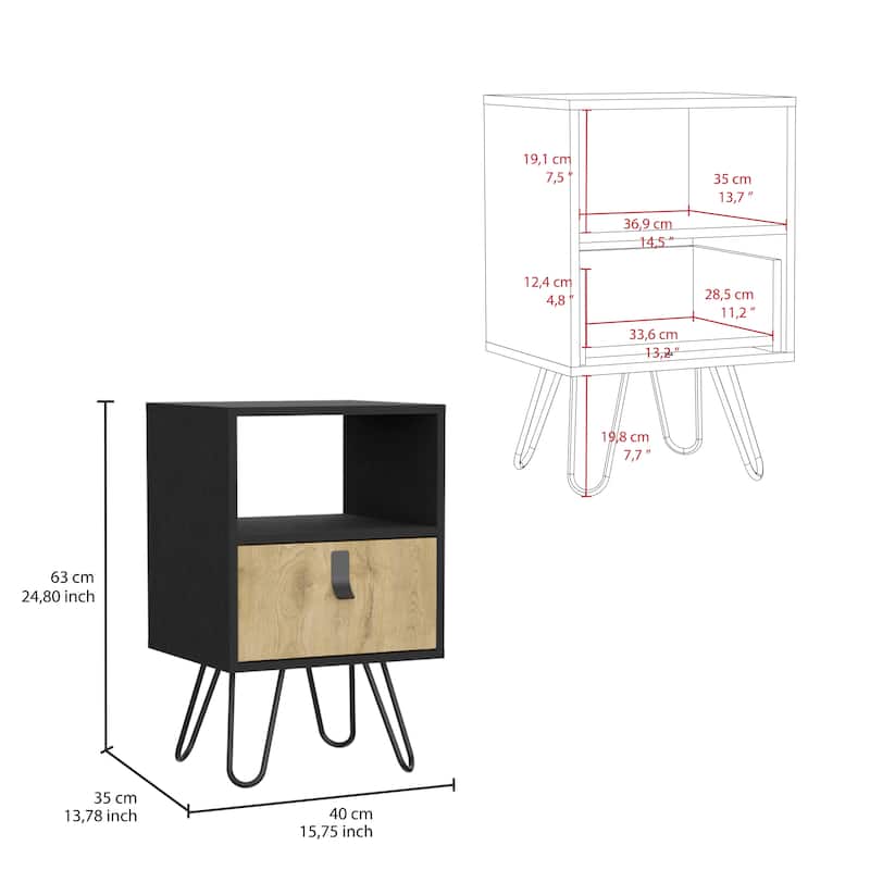 Nightstand, Stylish Storage with Hairpin Leg, Open Shelf and Drawer