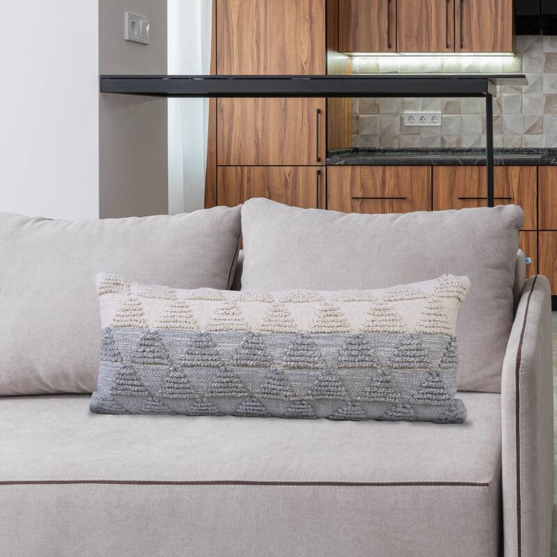 HomeRoots 14" X 36" Heathered Gray And Off-White 100% Cotton Geometric Zippered Pillow