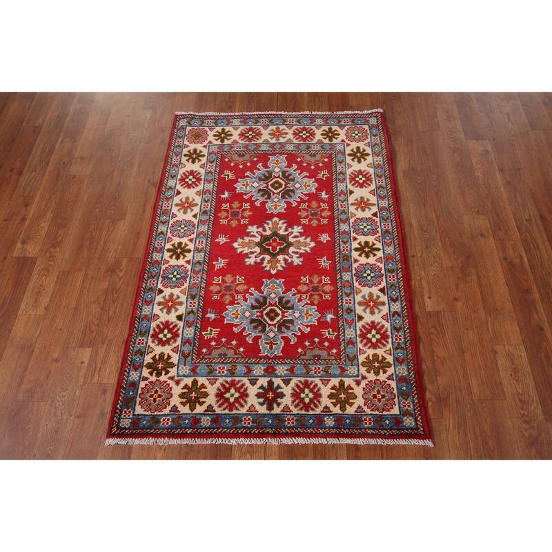 Geometric Kazak Foyer Rug Hand-Knotted Red Wool Carpet - 2'8" x 3'11"