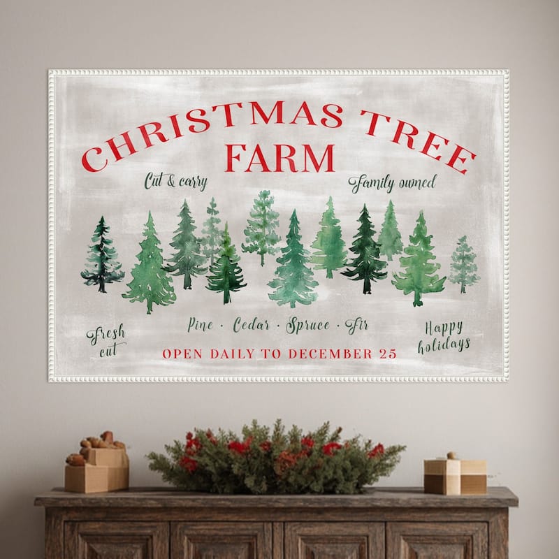 Christmas Tree Farm Sign by Rosana Laiz Blursbyai Framed Canvas Wall Art Print - Sylvie Beaded White