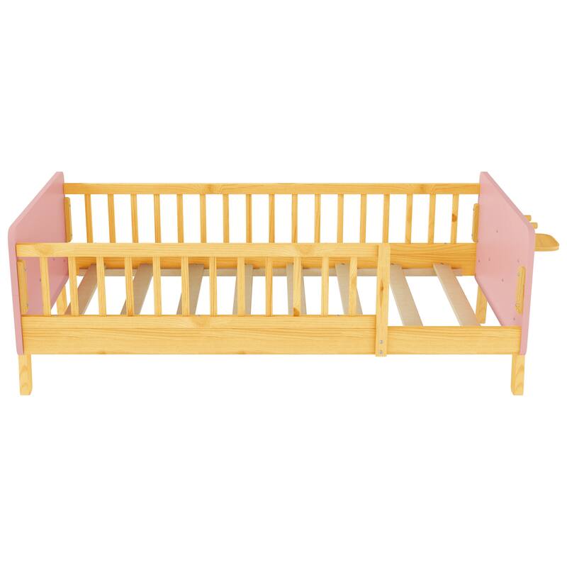 Kids Wood Platform Bed with Guardrails, Bottle Holder and 2 Hanging Rod, Convertible Toddler Daybed, Low Profile Design Frame