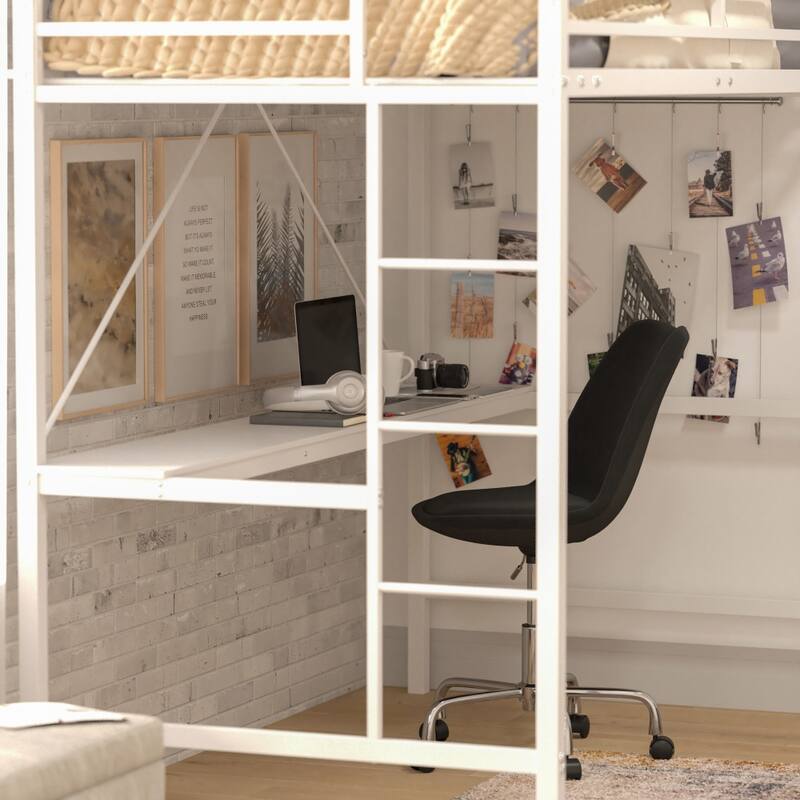 Sturdy Metal Loft Bed Frame with Desk and Safety Rails