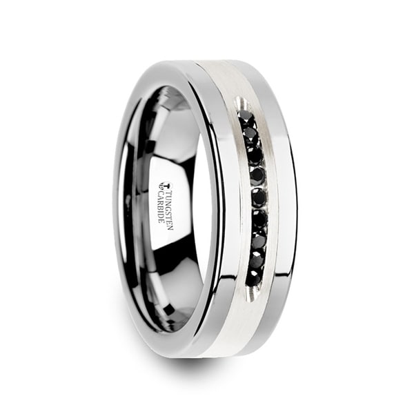THORSTEN - BLACKSTONE Flat Tungsten Wedding Band with Brushed Silver Inlay Center and 9 Channel Set Black Diamonds
