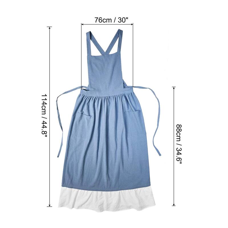 Vintage Cotton Linen Aprons Cross Back Aprons Dress with Pockets - 44.8 inch - Light Blue
