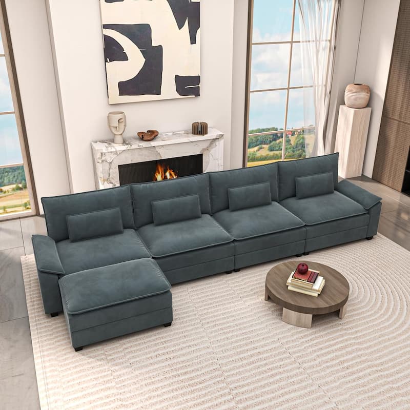 Kullavik Cloud Chenille L-Shaped Sofa, Modular Sectional Sofa with Ottoman, Throw Pillows and Double Layered Cushion - 5pcs-Grey