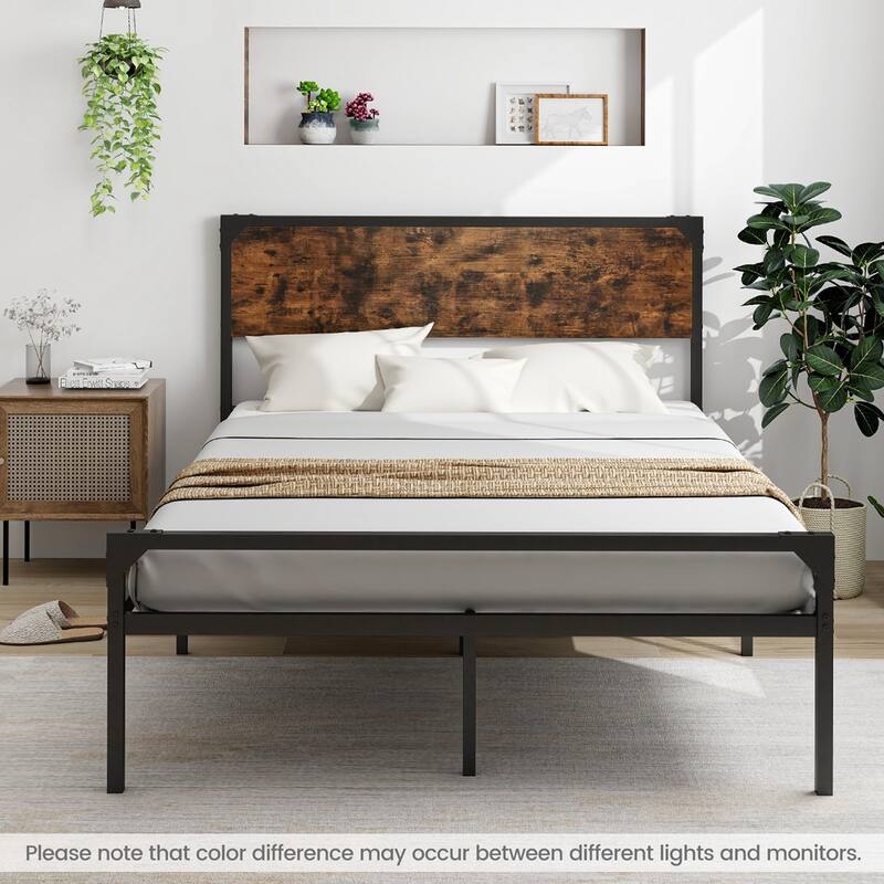 Costway Platform Full/Queen Bed with Rustic Headboard & Footboard