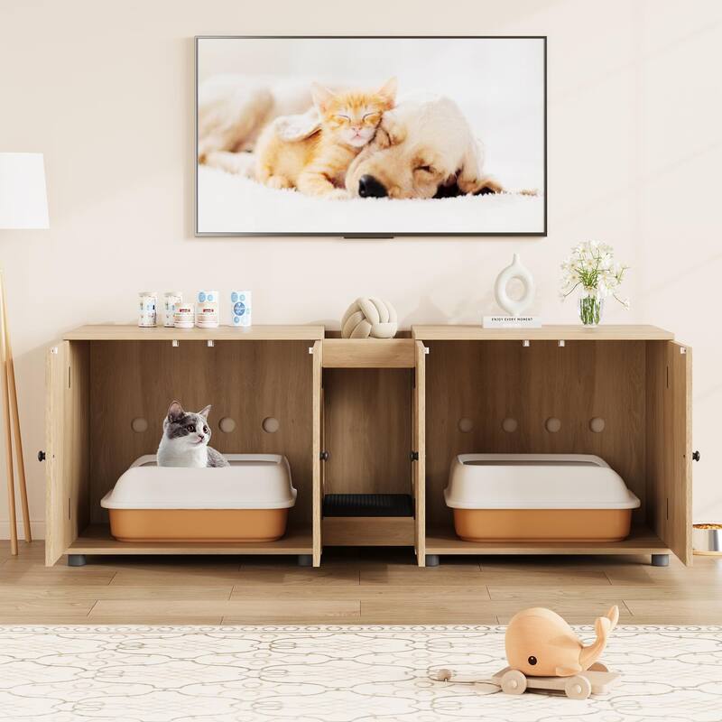 Cat Litter Box Enclosure 55.1" Double Litter Box Furniture Large Cat Box