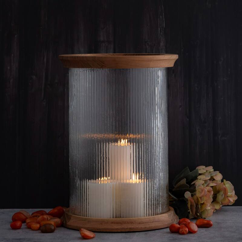 Fluted Glass Candle Lantern with Acacia Wood Base - 15"