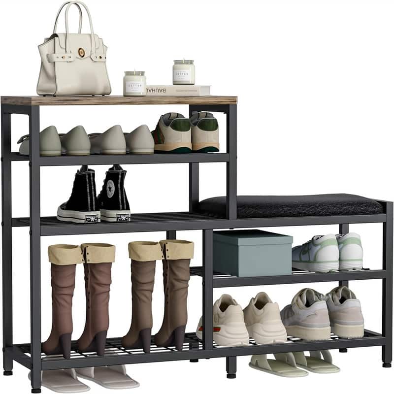 5-Tier Shoe Rack Bench with Seat - 41.33"L x 11.8"W x 26.77"H - Black and Rown - 41.33"L x 11.8"W x 26.77"H