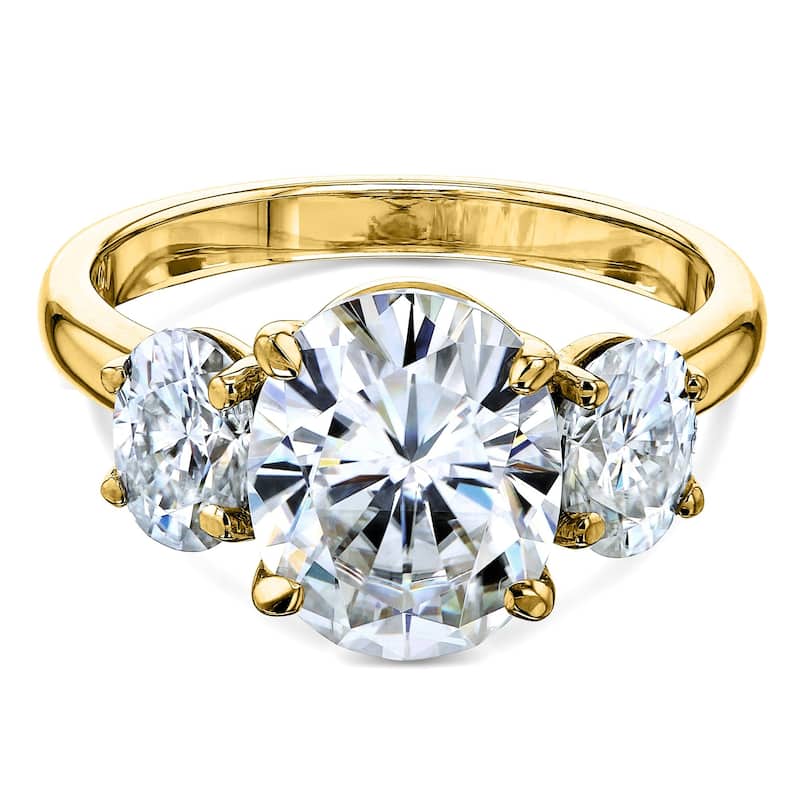 Kobelli 4 Carats Moissanite 14k Solid Gold Oval 3-Stone Plain Band Elena Engagement Ring - 7 - Yellow