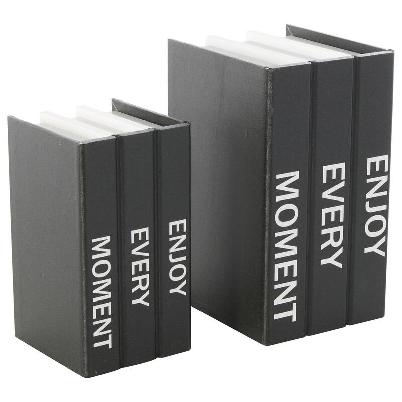 White or Black Canvas Faux Storage Book Box with Gold or White Enjoy, Every, Moment Text (Set of 2)
