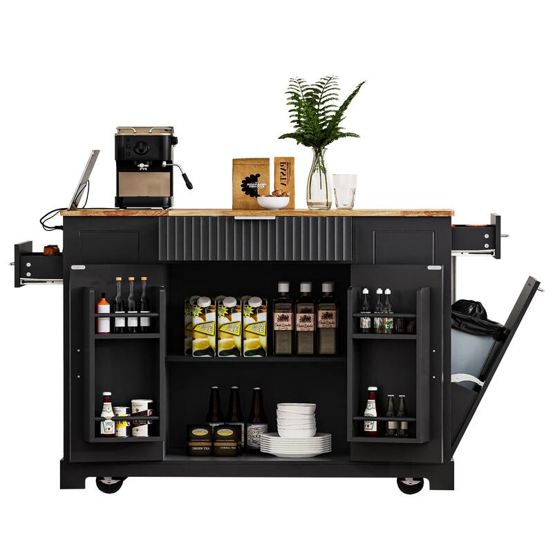 Fluted Kitchen Island with Open Side Racks & Power Outlet, Rolling Storage Cabinet w/Trash Can Storage, Drawers for Living Room