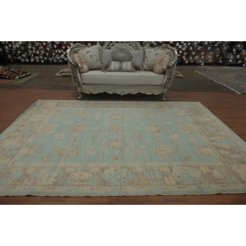 Vegetable Dye Blue Oushak Turkish Area Rug, Floral Geometric Carpet - 10' 3'' X 8' 3''